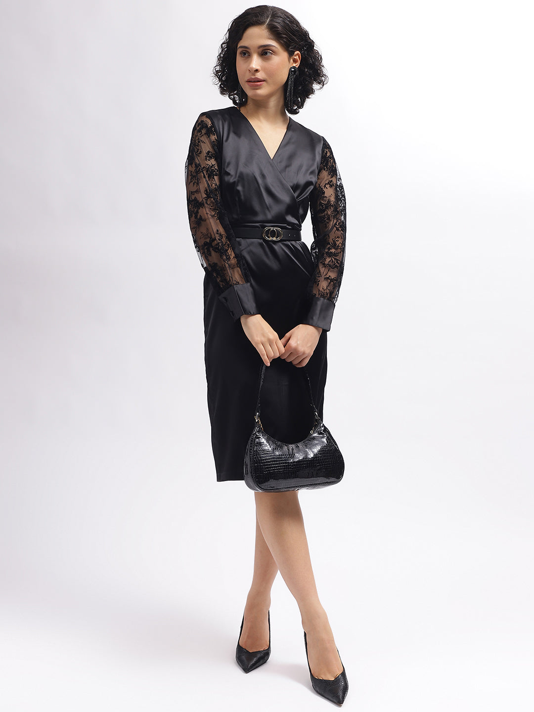 Centre Stage Women Black Solid Wrap Neck Full Sleeves Dress