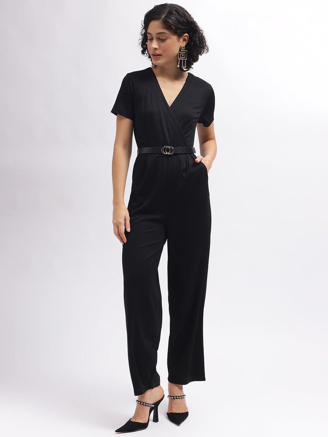 Centre Stage Women Black Solid Wrap Neck Short Sleeves Jumpsuit