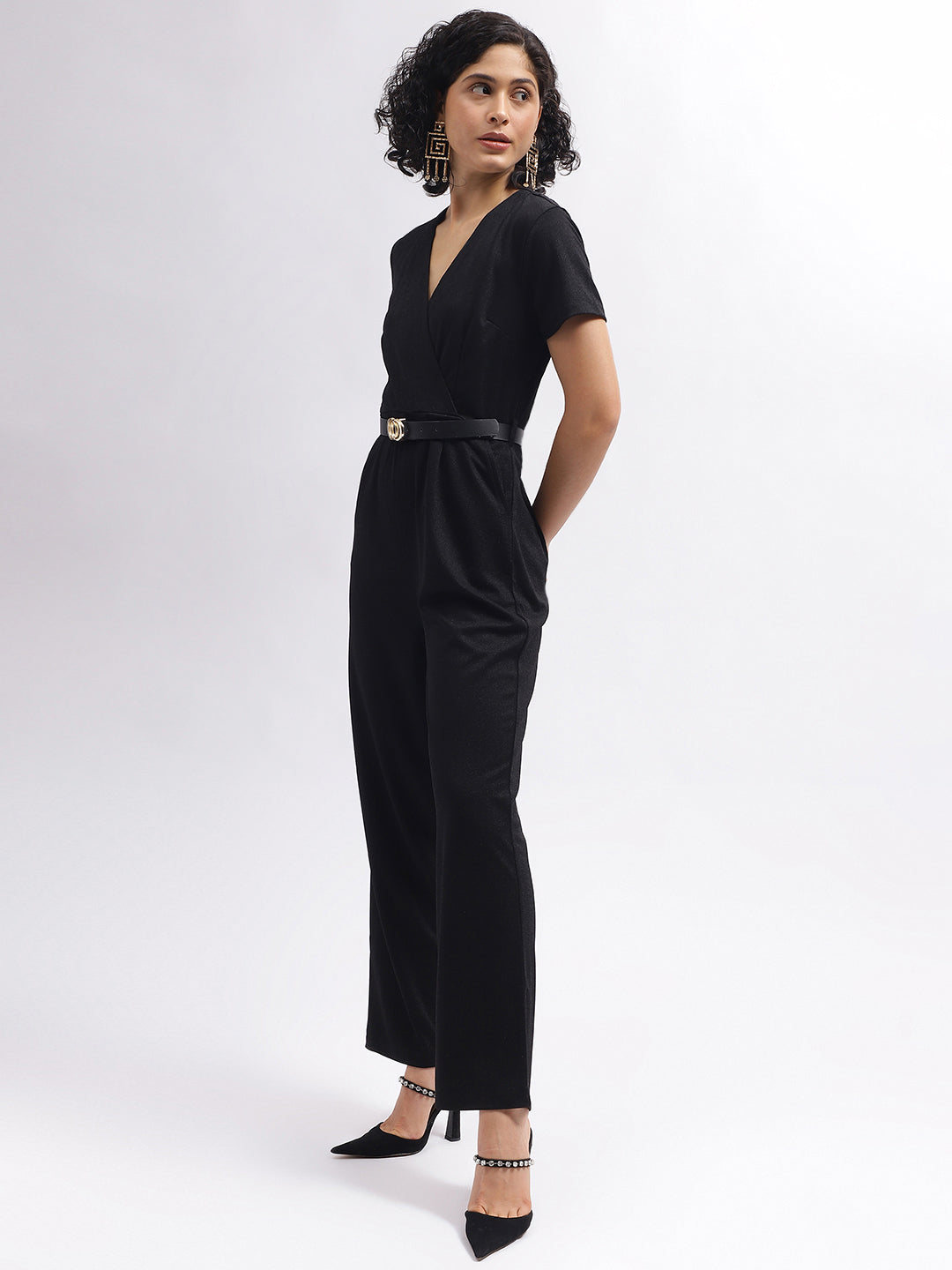 Centre Stage Women Black Solid Wrap Neck Short Sleeves Jumpsuit