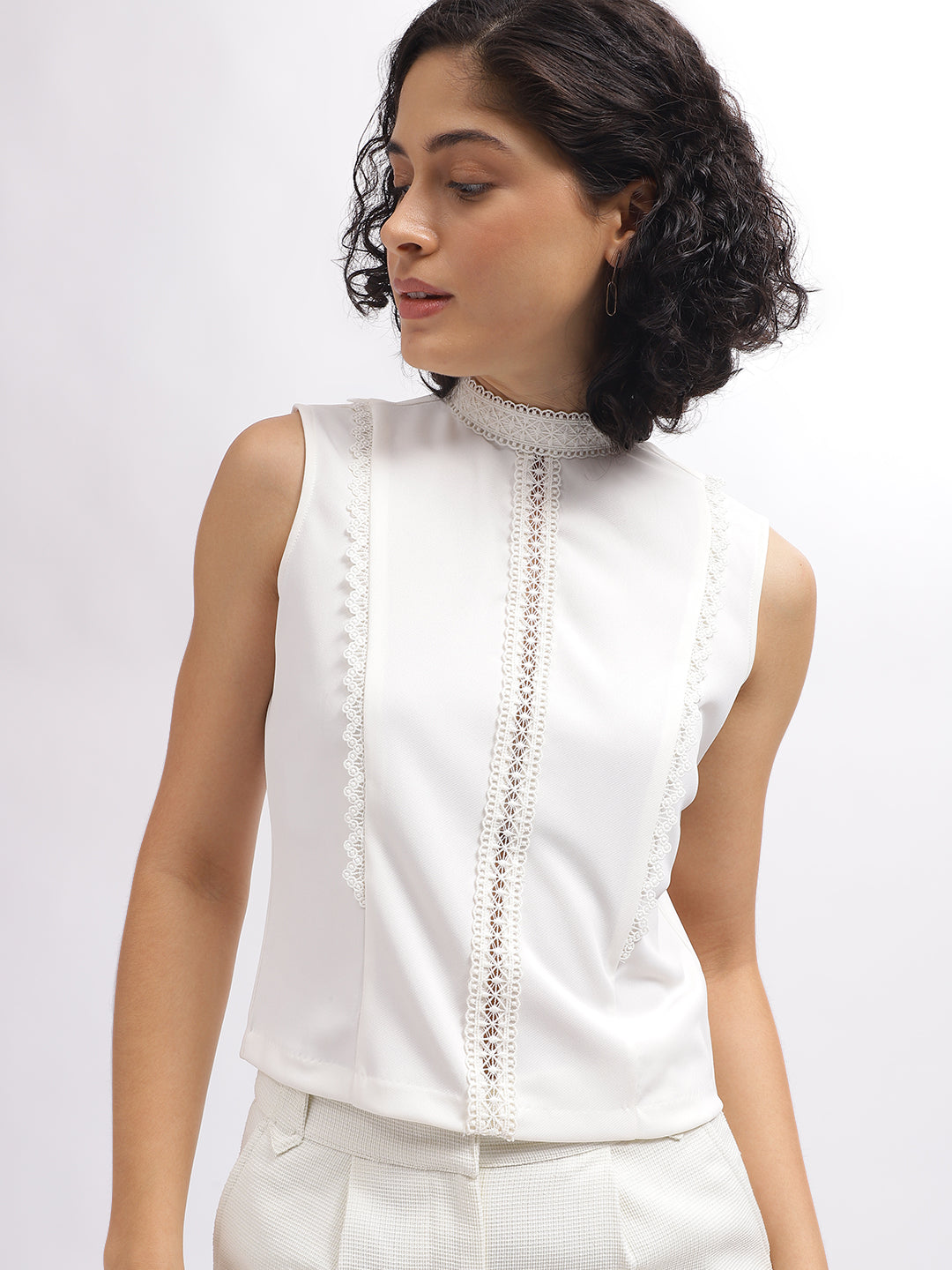 Centre Stage Women Off White Solid Band Collar Sleeveless Top