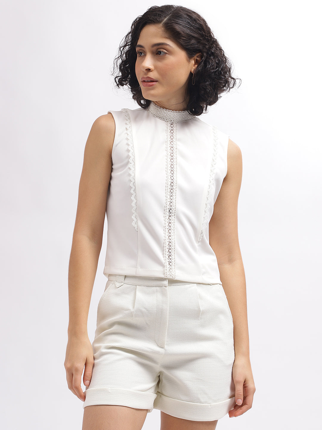 Centre Stage Women Off White Solid Band Collar Sleeveless Top