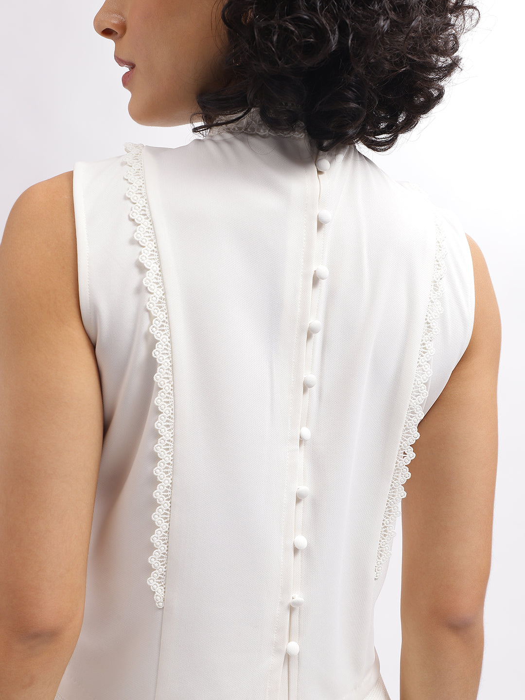 Centre Stage Women Off White Solid Band Collar Sleeveless Top