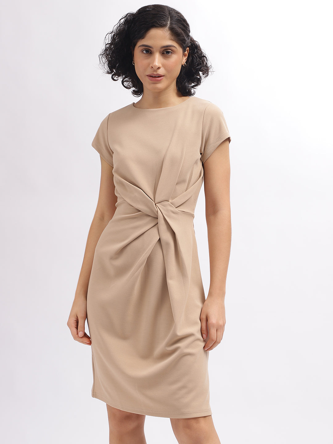 Centre Stage Women Beige Solid Round Neck Short Sleeves Dress