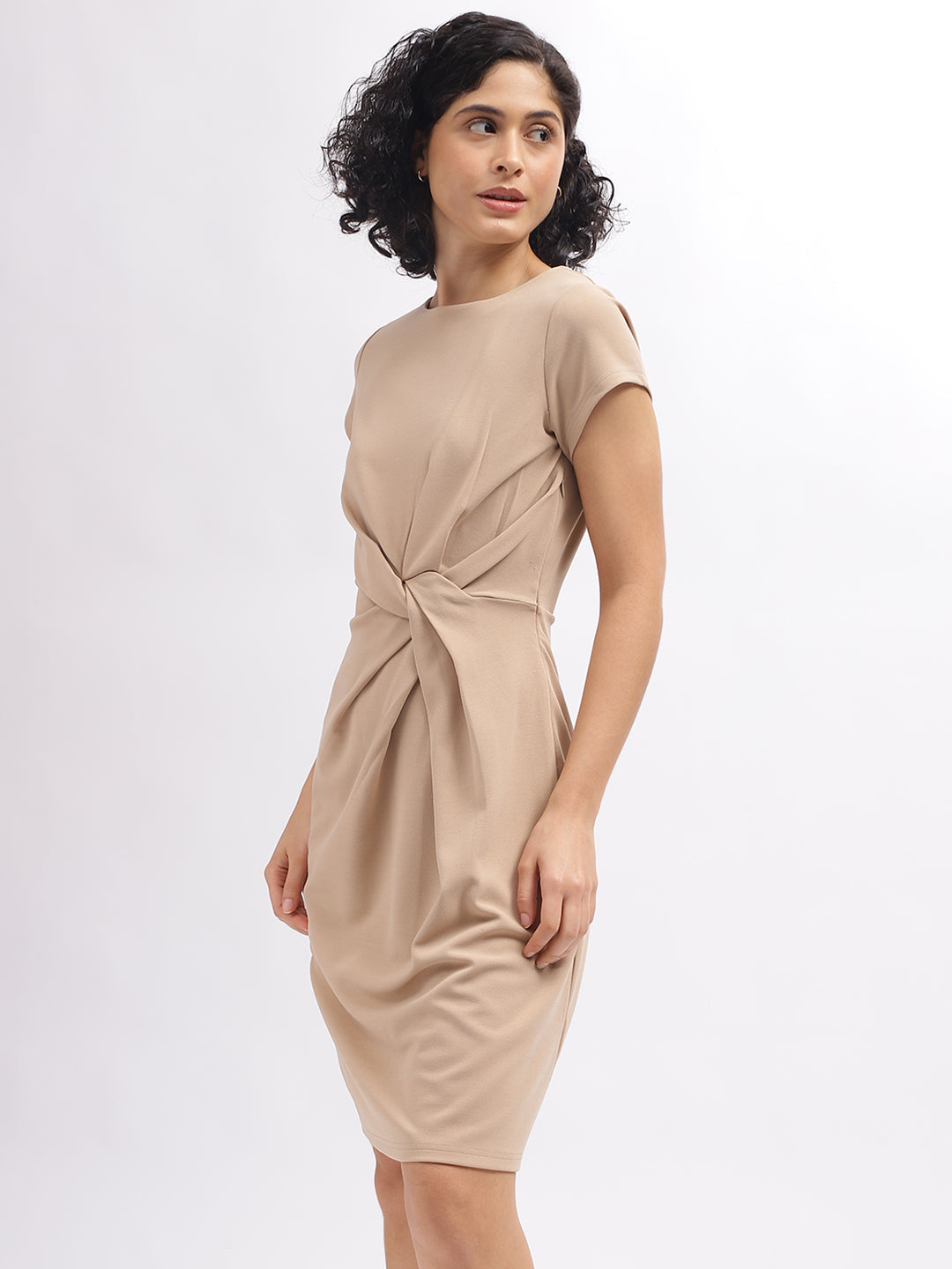 Centre Stage Women Beige Solid Round Neck Short Sleeves Dress