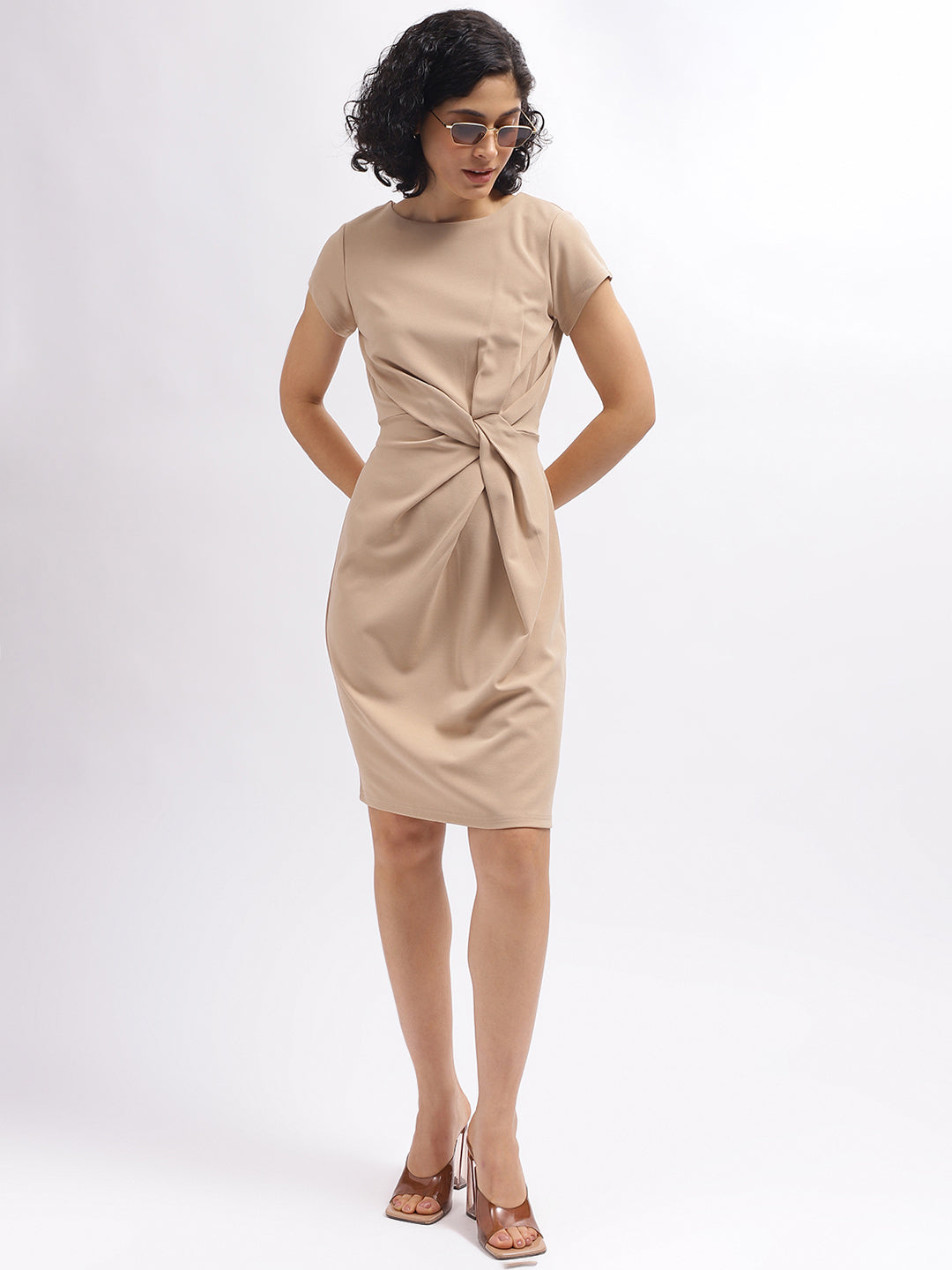 Centre Stage Women Beige Solid Round Neck Short Sleeves Dress