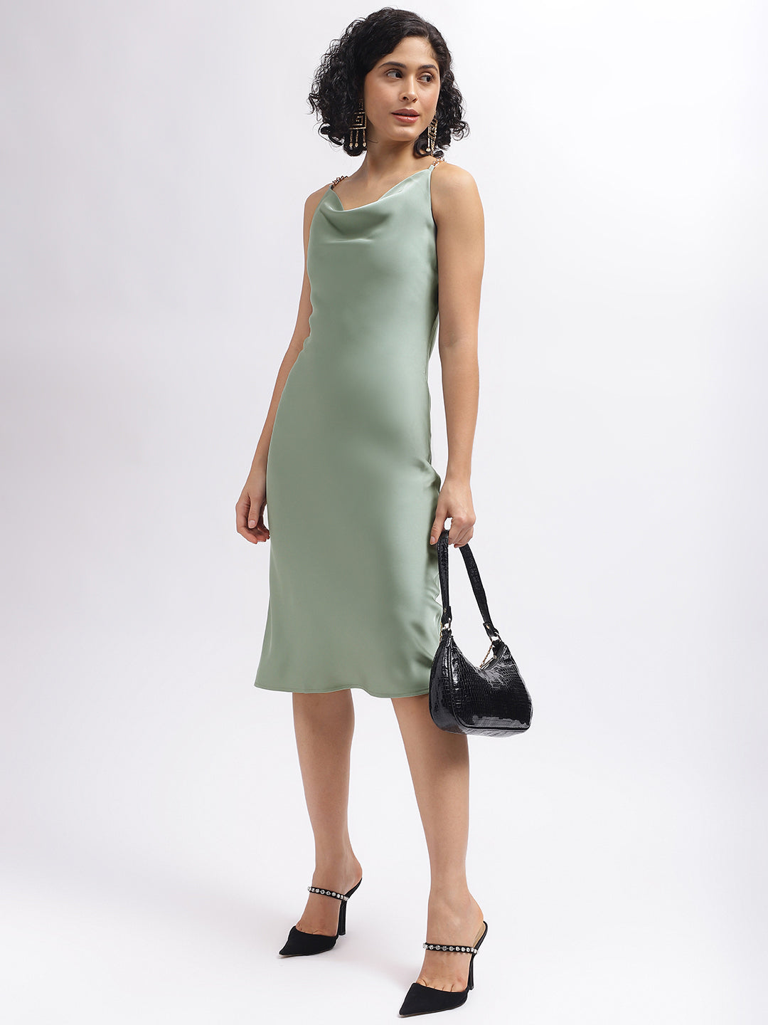 Centre Stage Women Green Solid Cowl Neck Shoulder Straps Dress