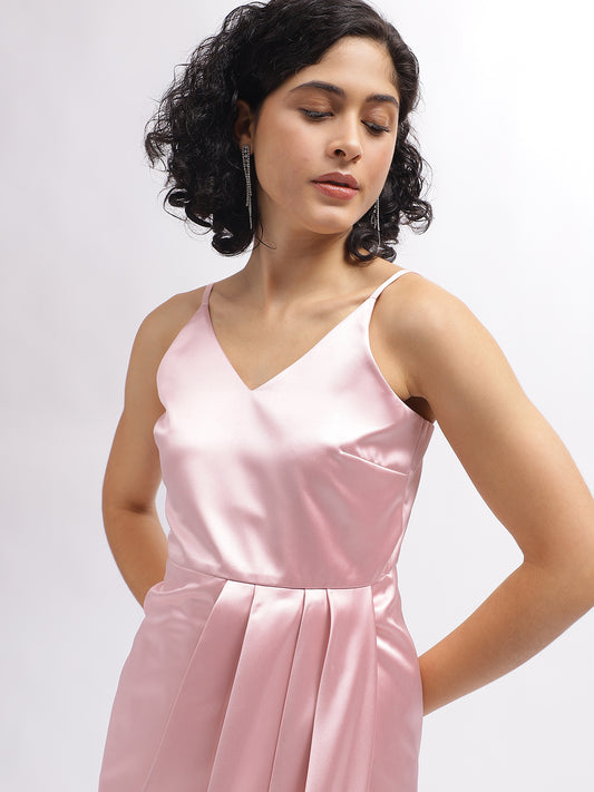 Centre Stage Women Pink Solid V-Neck Shoulder Straps Dress