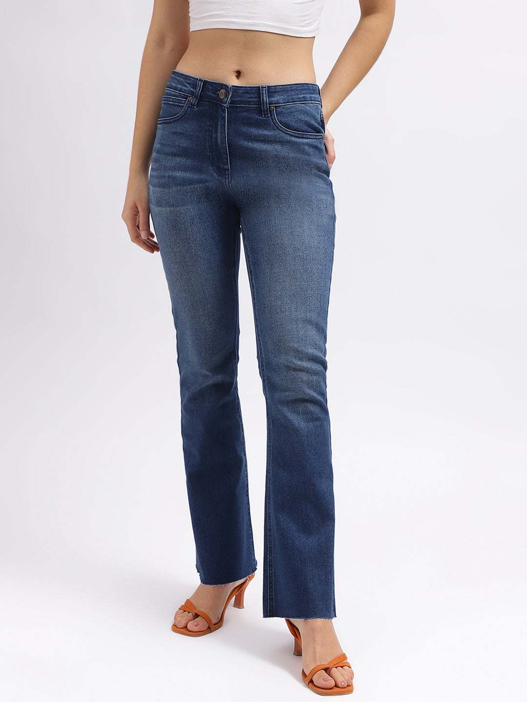 Elle Women Blue Solid Bootcut Mid-Rise Jeans