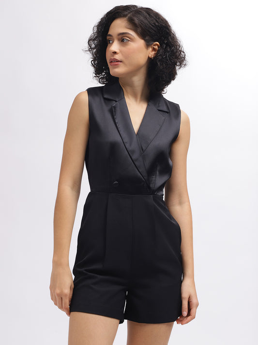 Elle Women Black Solid Notched Collar Sleeveless Playsuit