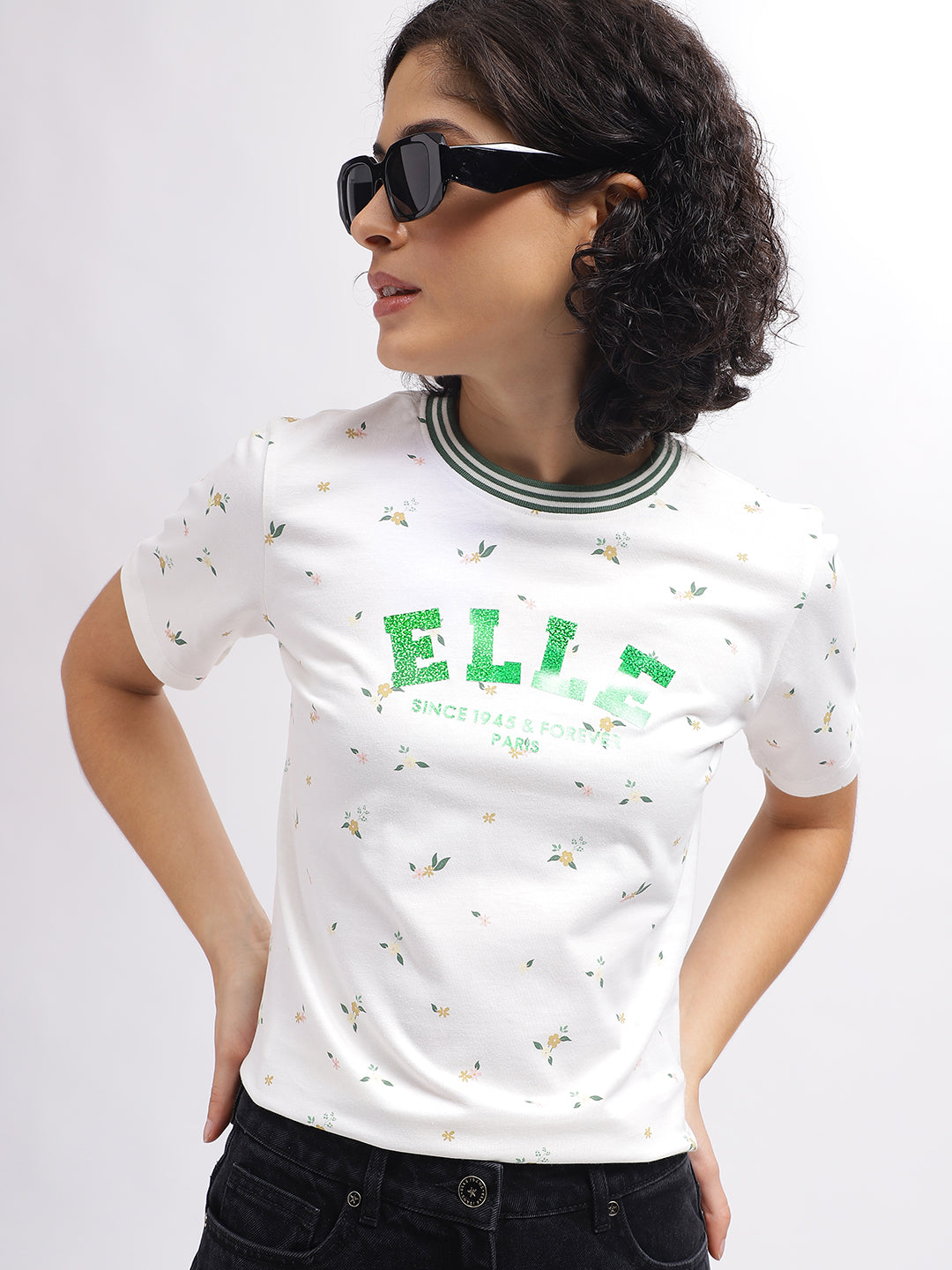 Elle Women White Printed Round Neck Short Sleeves T-Shirt