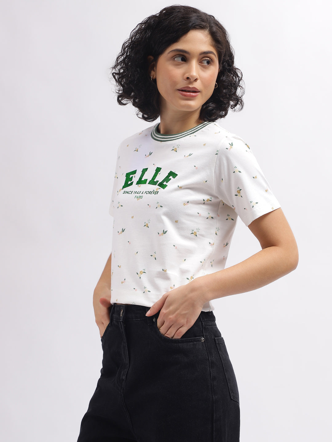 Elle Women White Printed Round Neck Short Sleeves T-Shirt