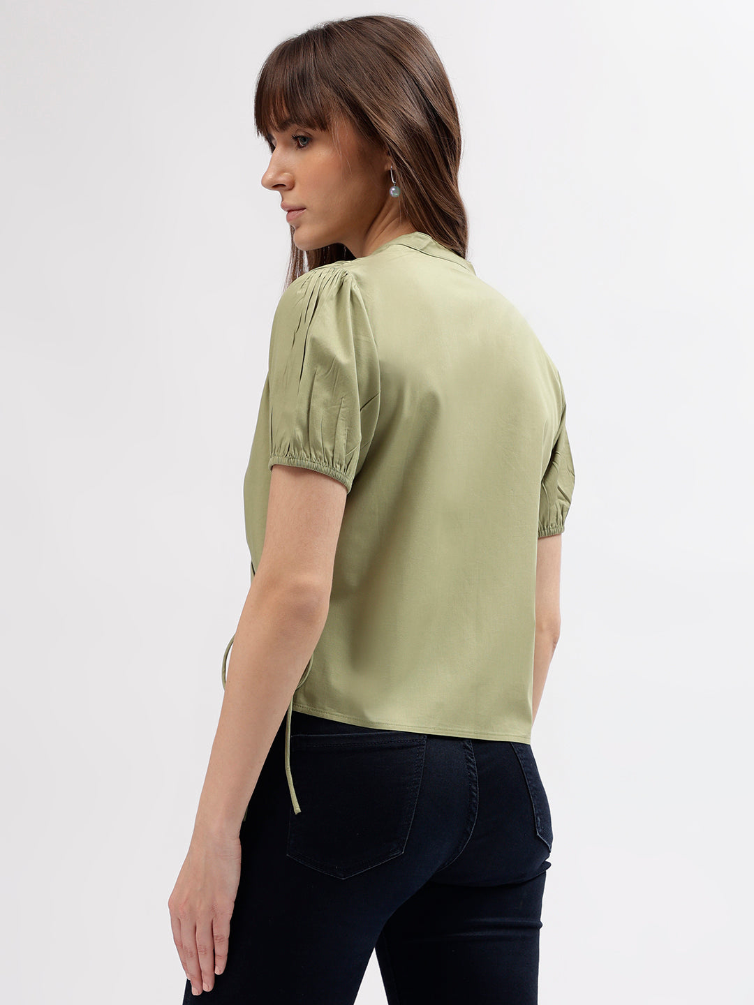 Women Green Solid Short Sleeves Shirt