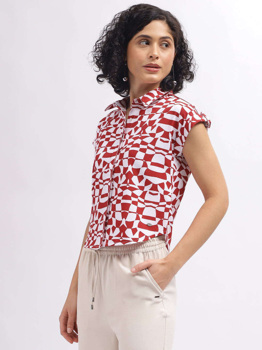 Elle Women Red Printed Spread Collar Short Sleeves Top