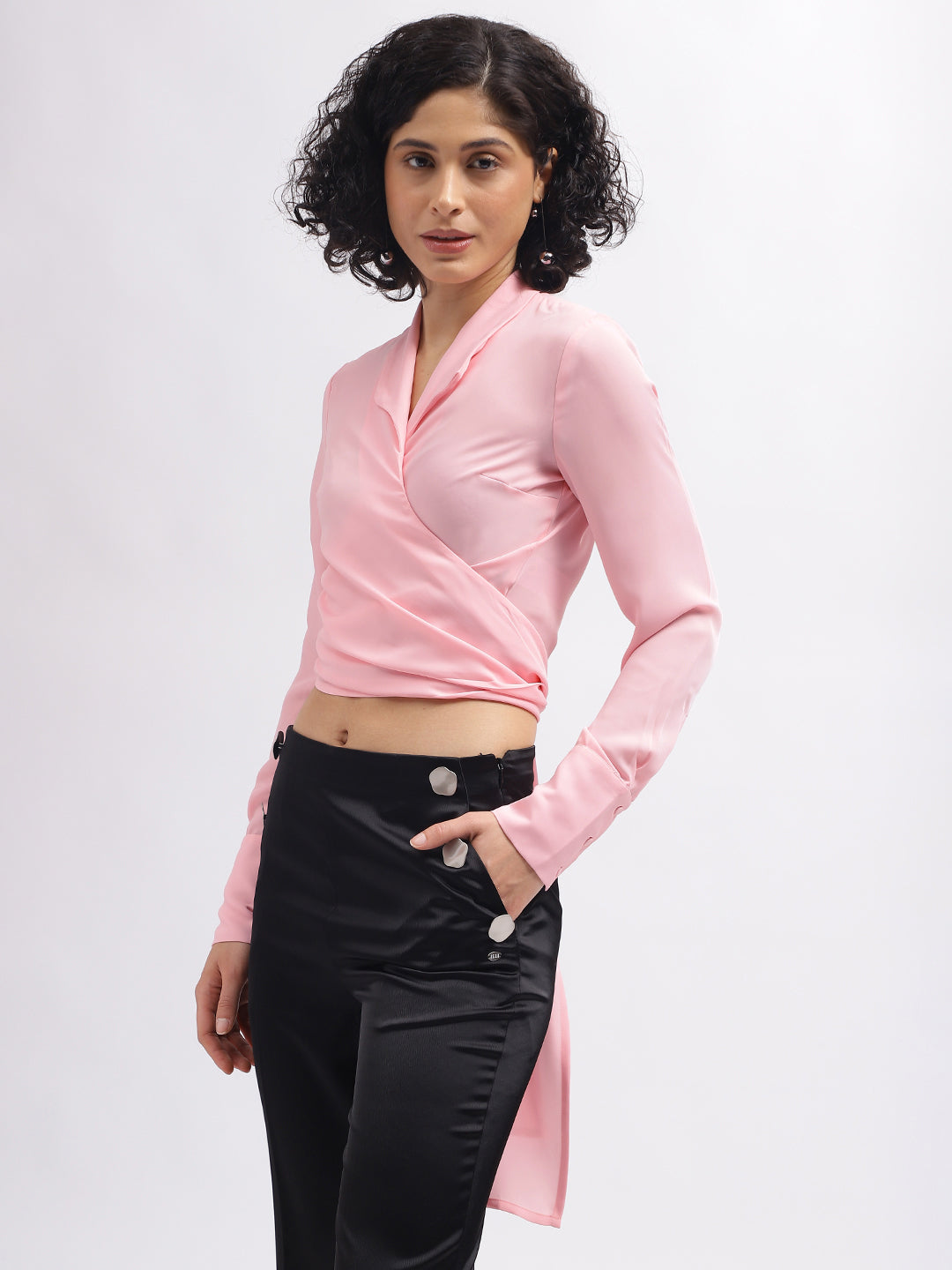 Elle Women Pink Solid V-Neck Full Sleeves Top