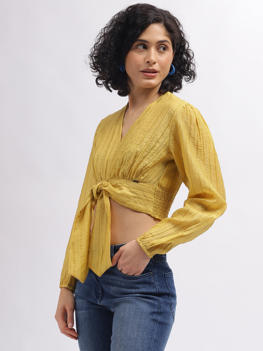 Elle Women Mustard Solid V-Neck Full Sleeves Top