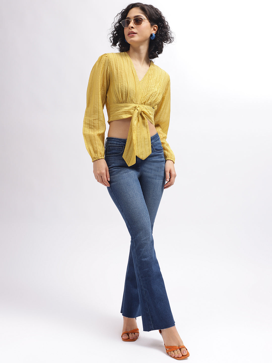 Elle Women Mustard Solid V-Neck Full Sleeves Top