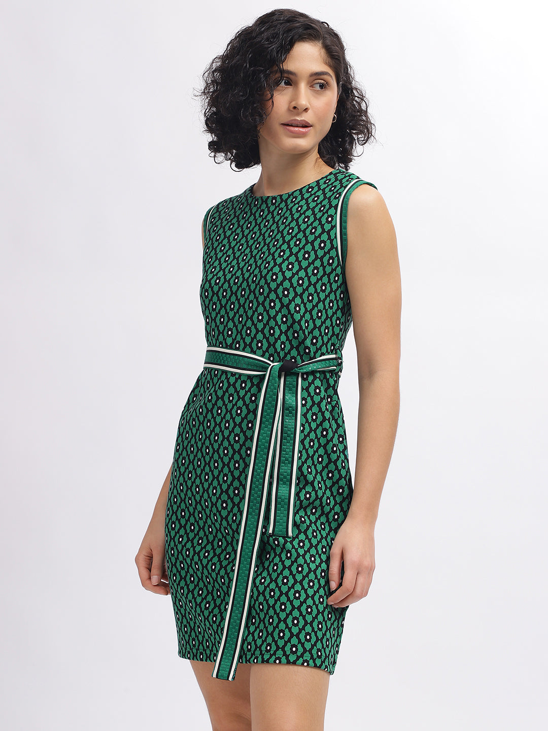 Iconic Women Green Printed Round Neck Sleeveless Dress