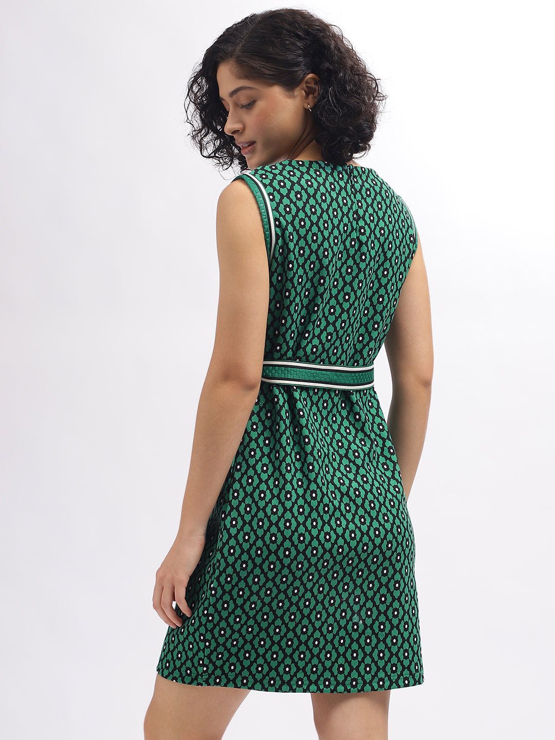 Iconic Women Green Printed Round Neck Sleeveless Dress