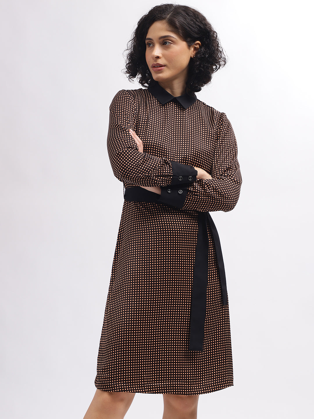 Iconic Women Black Printed Shirt Collar Full Sleeves Dress