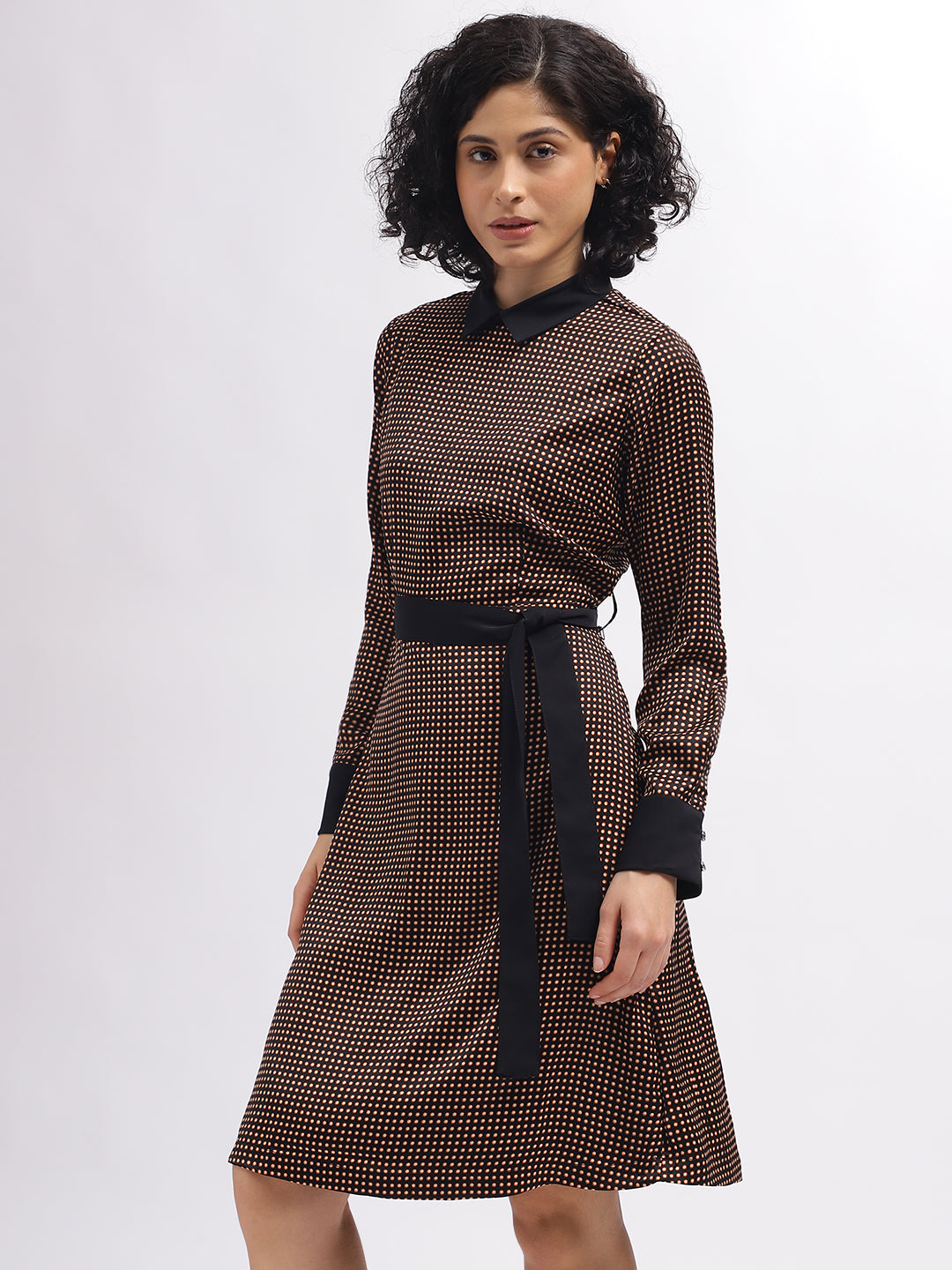 Iconic Women Black Printed Shirt Collar Full Sleeves Dress