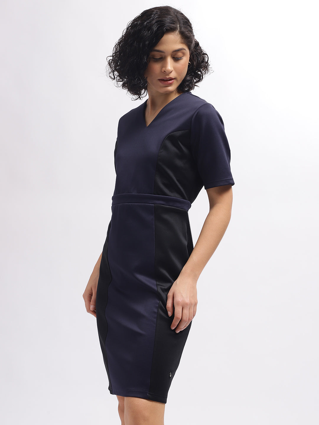 Iconic Women Navy Blue Colour Blocked V-Neck Short Sleeves Dress