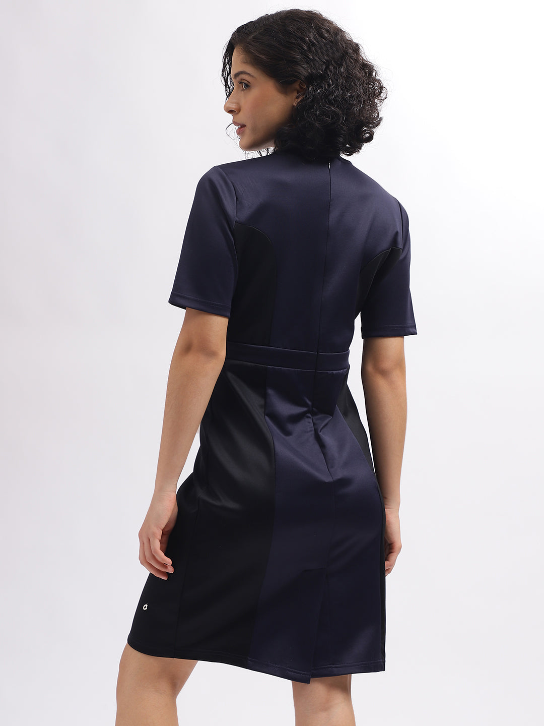 Iconic Women Navy Blue Colour Blocked V-Neck Short Sleeves Dress