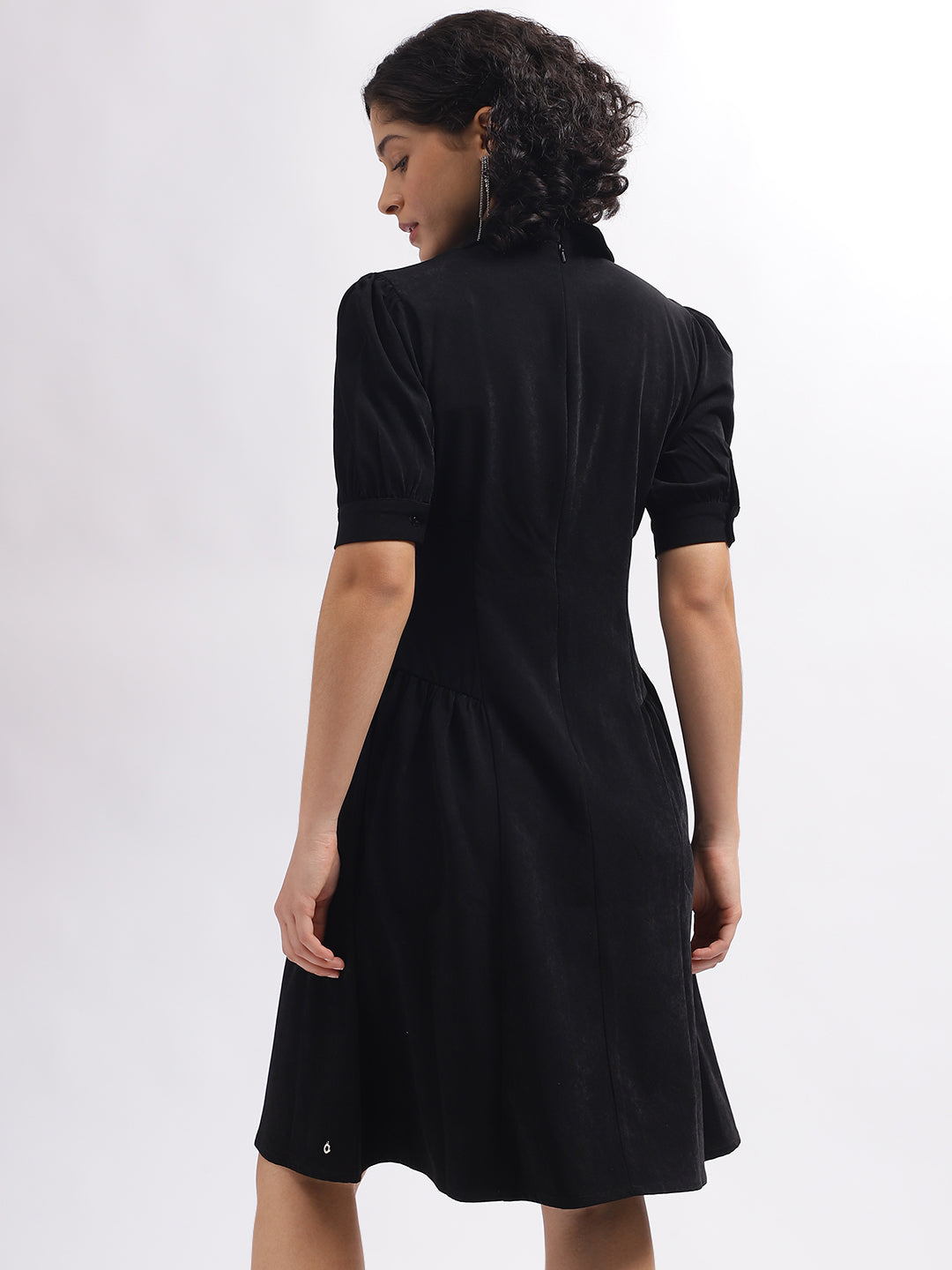 Iconic Women Black Solid Shirt Collar Short Sleeves Dress