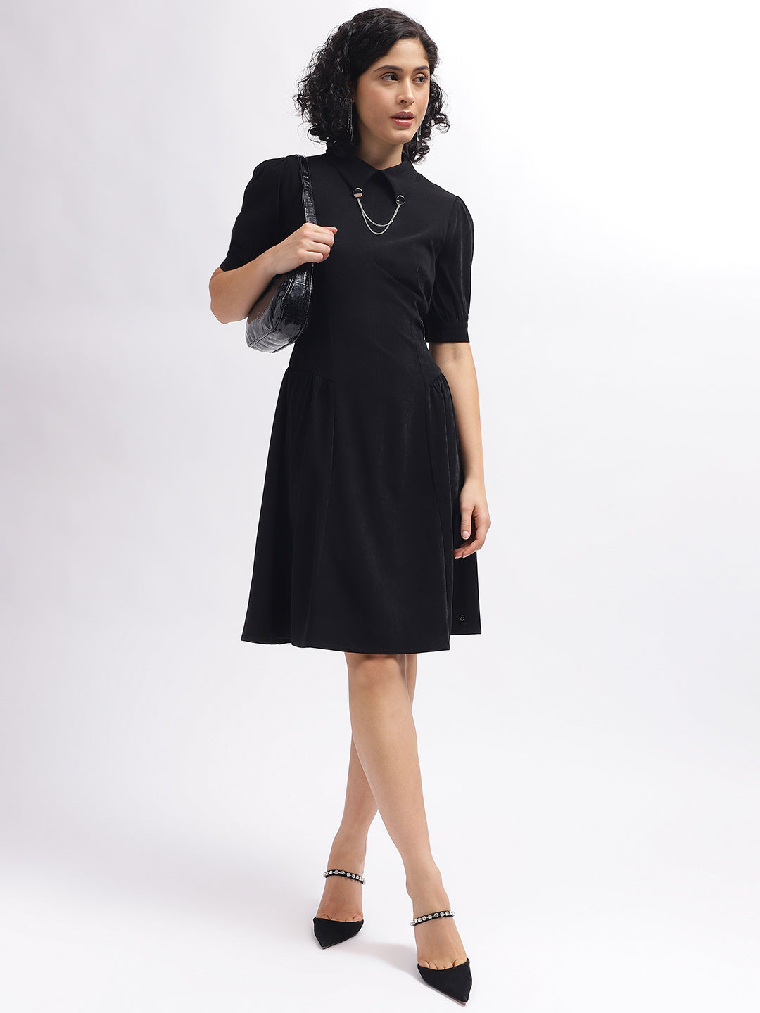 Iconic Women Black Solid Shirt Collar Short Sleeves Dress