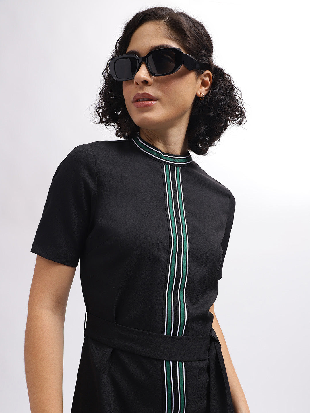 Iconic Women Black Solid Band Collar Short Sleeves Dress