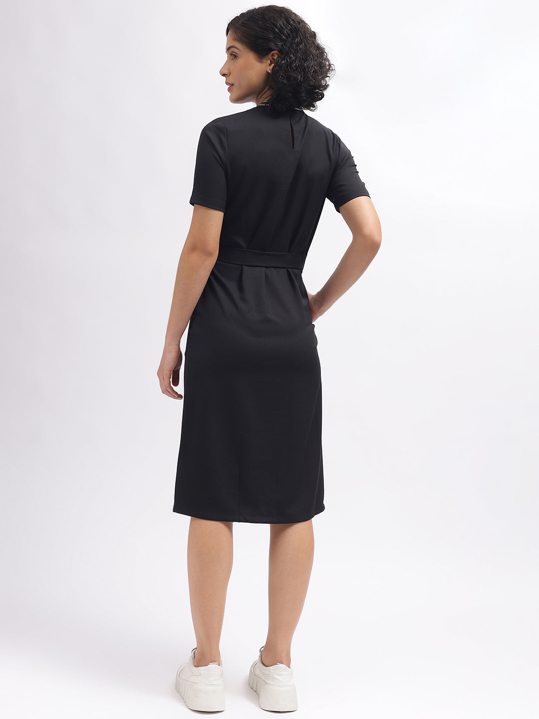 Iconic Women Black Solid Band Collar Short Sleeves Dress