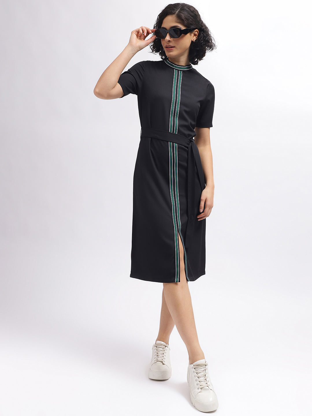 Iconic Women Black Solid Band Collar Short Sleeves Dress