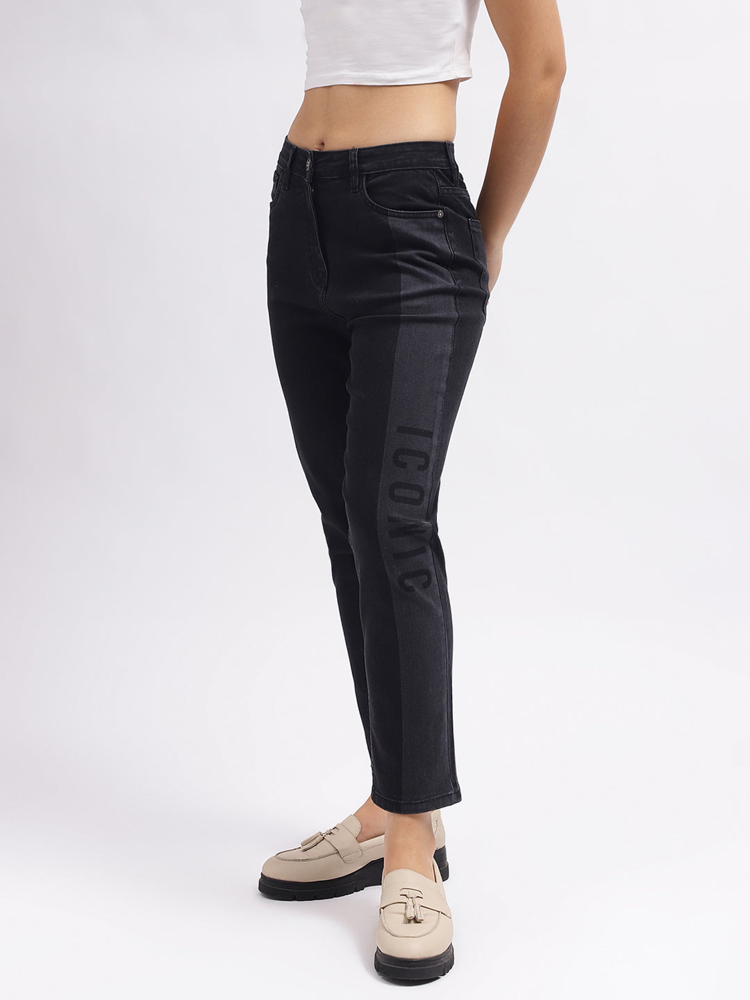 Iconic Women Black Colour blocked Slim Straight Fit Mid-Rise Jeans