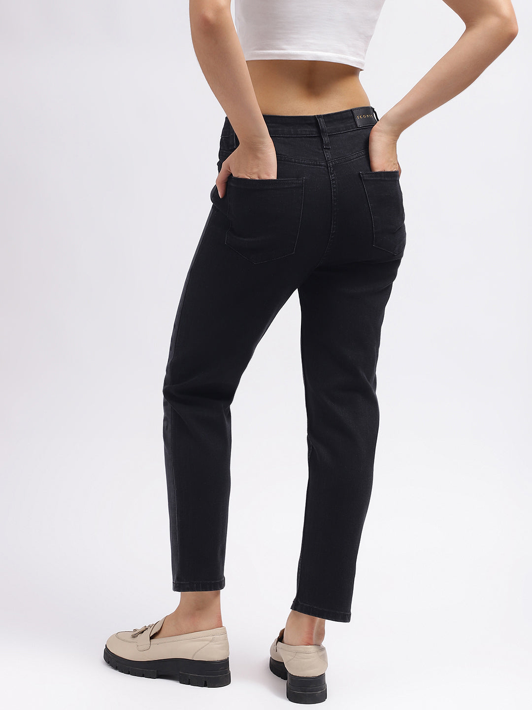 Iconic Women Black Colour blocked Slim Straight Fit Mid-Rise Jeans