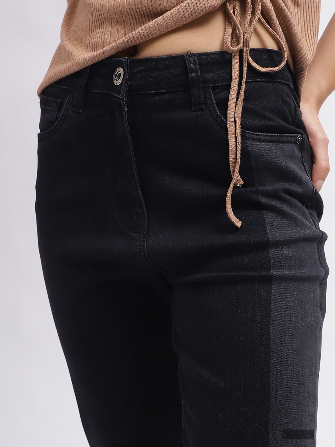 Iconic Women Black Colour blocked Slim Straight Fit Mid-Rise Jeans