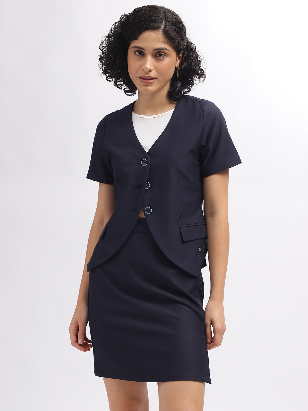 Iconic Women Navy Blue Solid V-Neck Short Sleeves Blazer