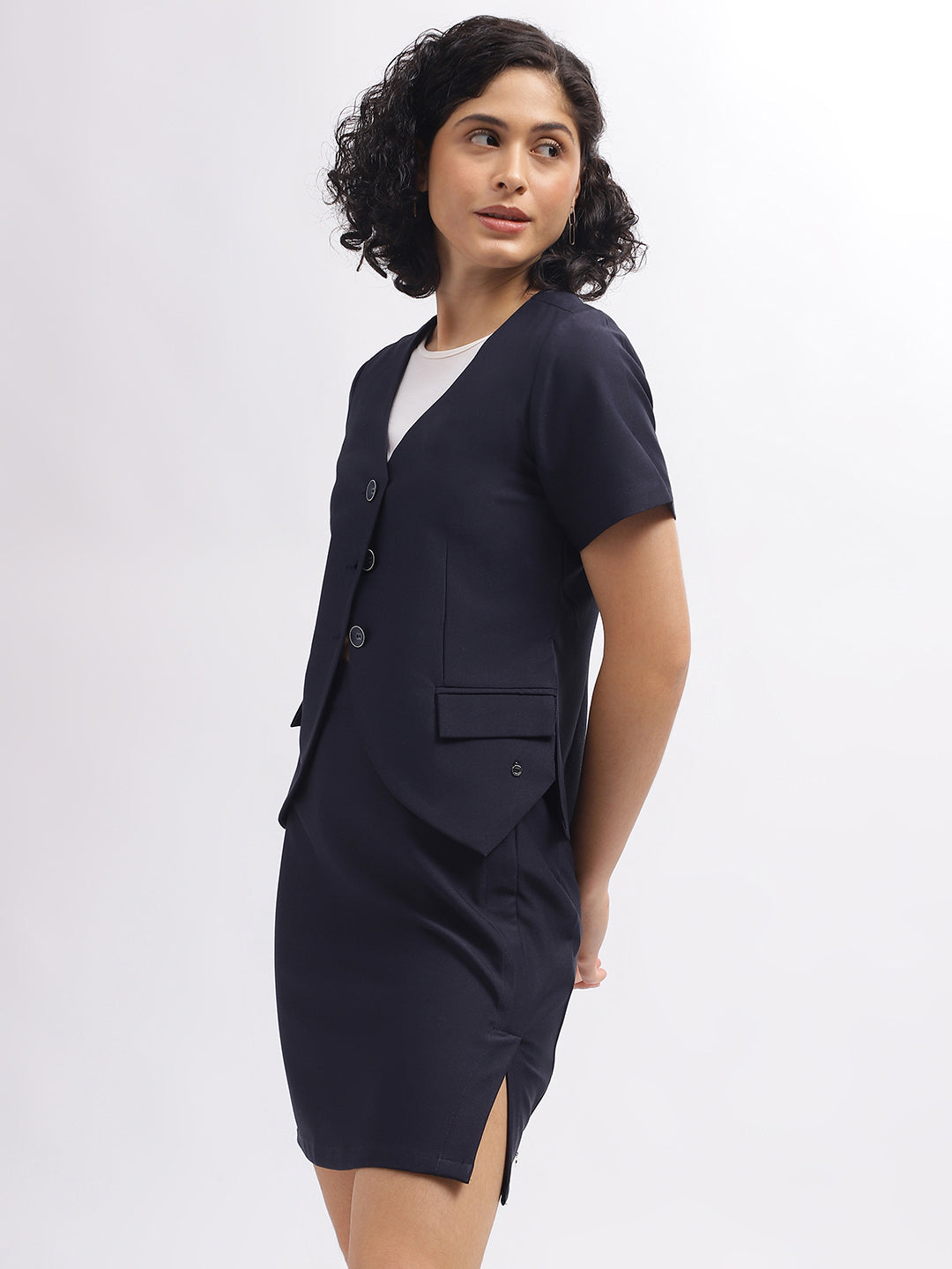 Iconic Women Navy Blue Solid V-Neck Short Sleeves Blazer