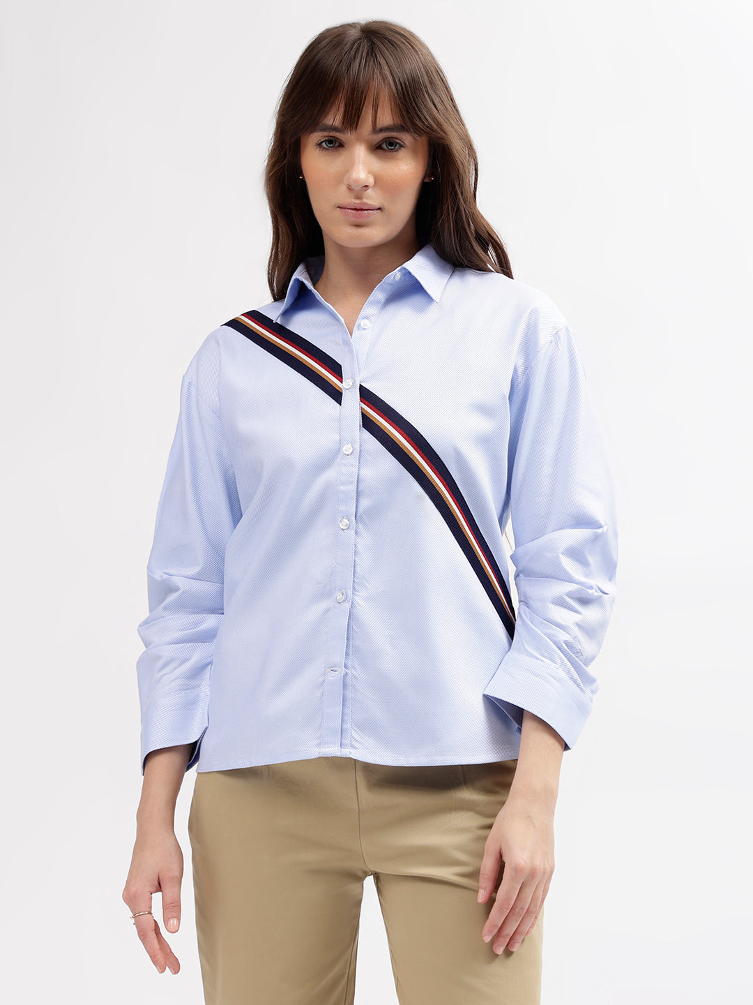 Iconic Women Blue Solid Spread Collar 3/4th Sleeves Shirt