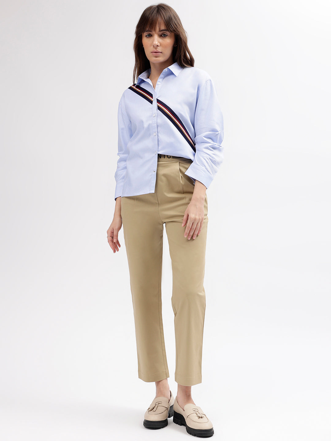 Iconic Women Blue Solid Spread Collar 3/4th Sleeves Shirt