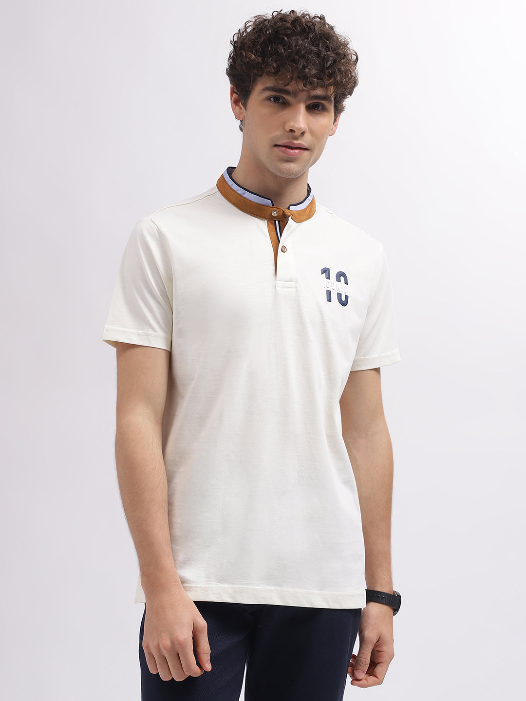 Iconic Men White Solid Band Collar Short Sleeves T-Shirt