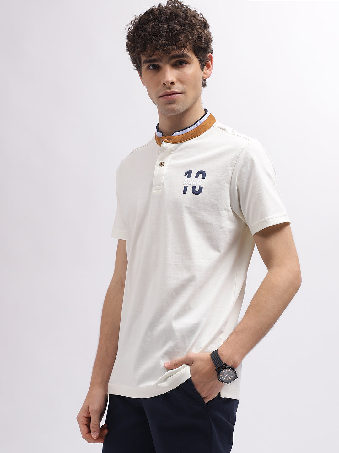 Iconic Men White Solid Band Collar Short Sleeves T-Shirt