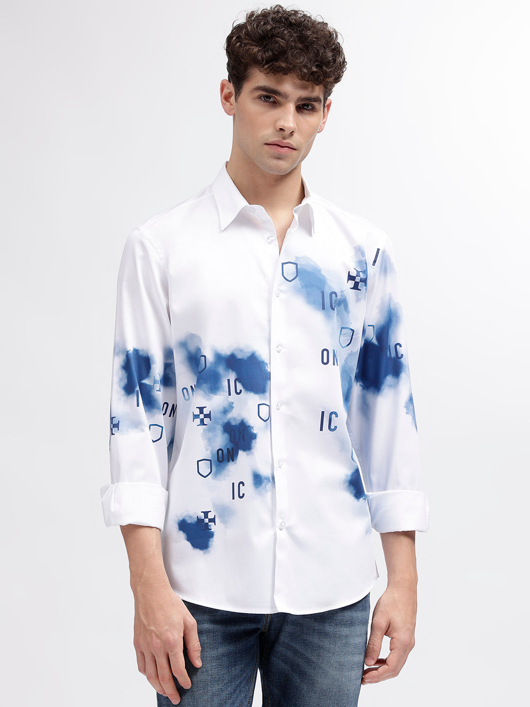 Iconic Men White Printed Spread Collar Full Sleeves Shirt