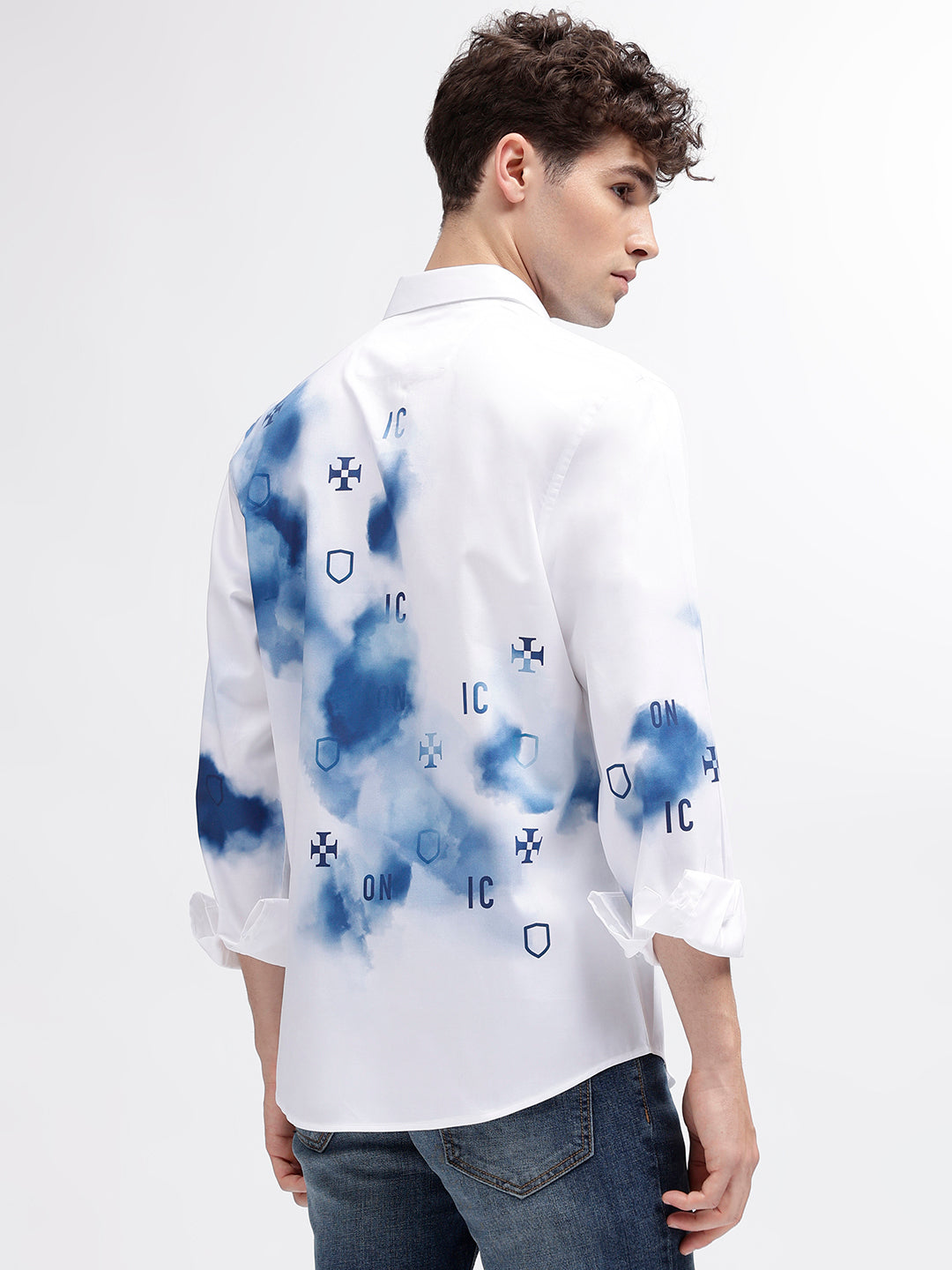 Iconic Men White Printed Spread Collar Full Sleeves Shirt