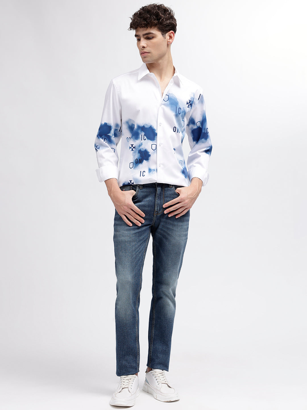 Iconic Men White Printed Spread Collar Full Sleeves Shirt