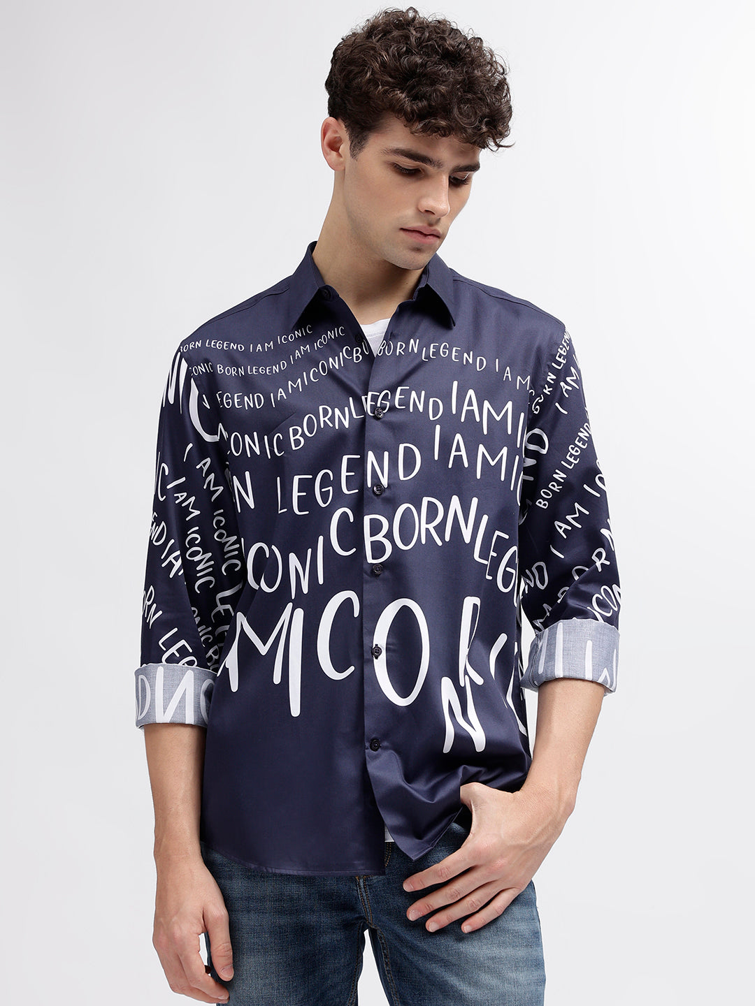 Iconic Men Navy Blue Printed Spread Collar Full Sleeves Shirt