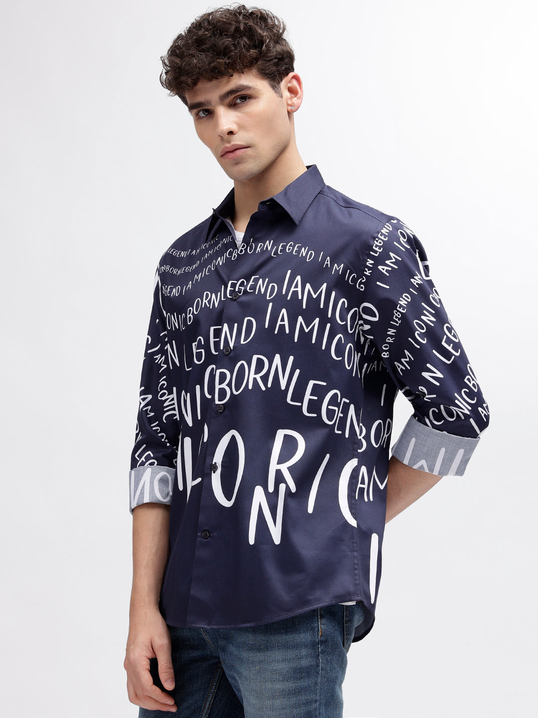 Iconic Men Navy Blue Printed Spread Collar Full Sleeves Shirt