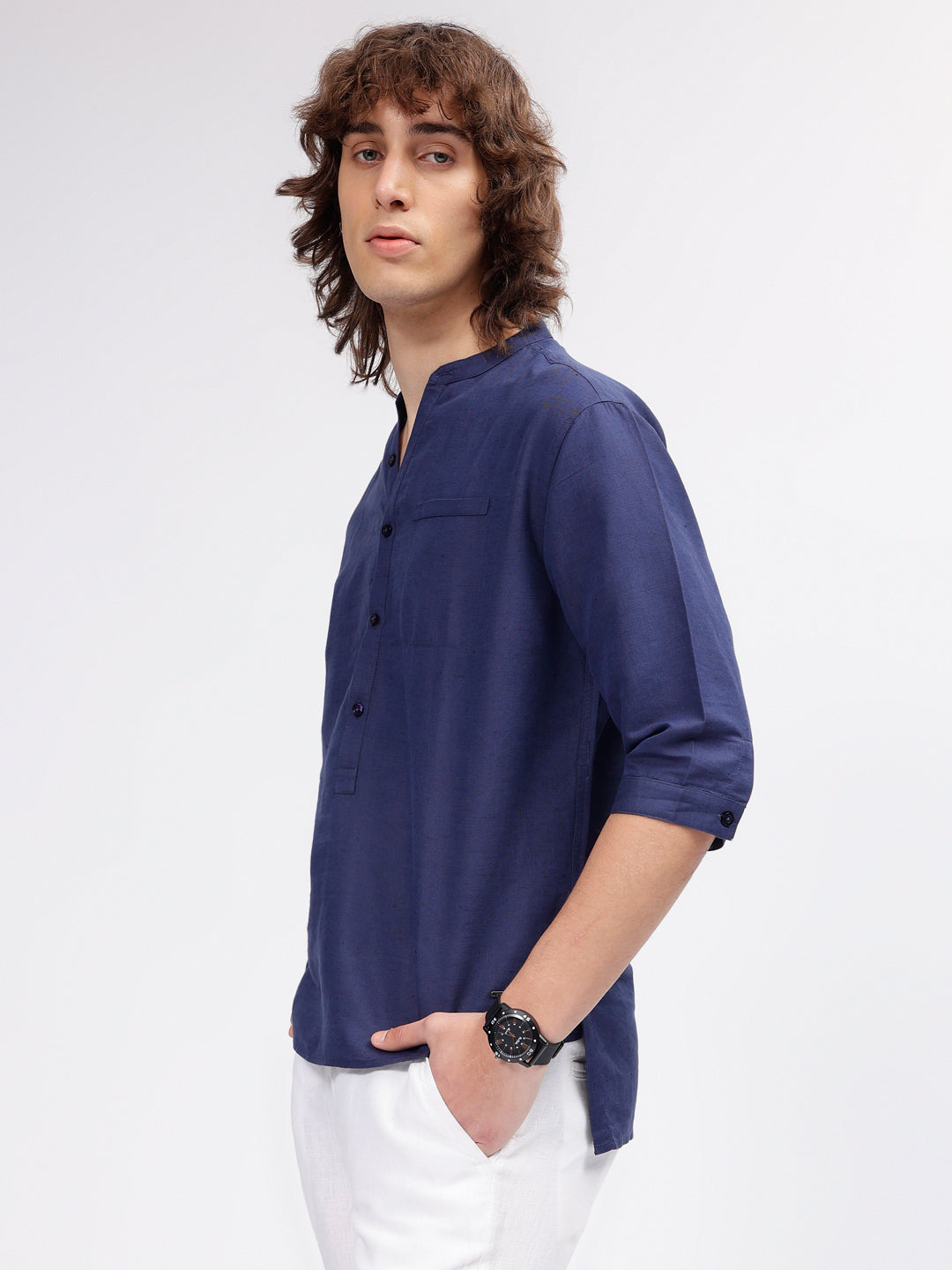 Iconic Men Navy Blue Solid Mandarin Collar Three-quarter Sleeves Shirt