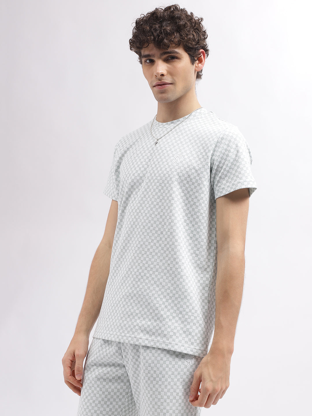 Iconic Men White Checked Round Neck Short Sleeves T-Shirt