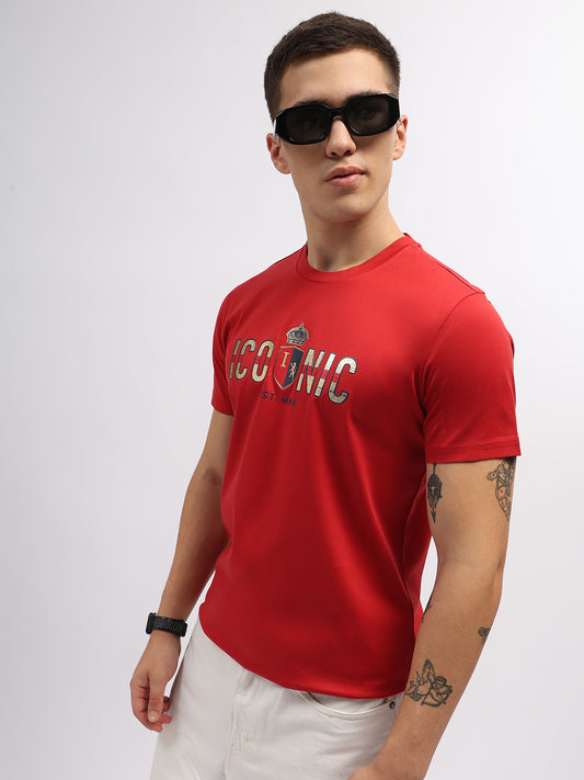 Iconic Men Red Solid Round Neck Short Sleeves T-Shirt