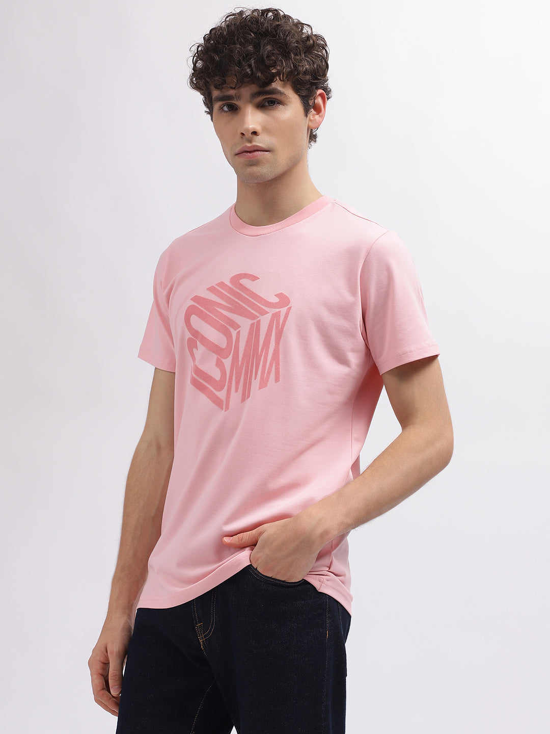 Iconic Men Pink Solid Round Neck Short Sleeves T-Shirt