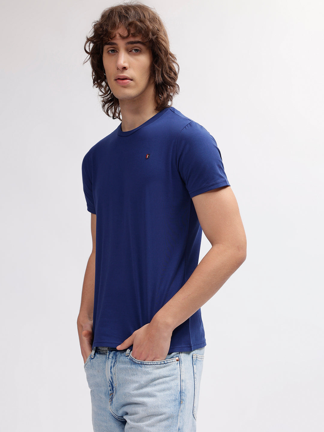 Iconic Men Navy Blue Solid Round Neck Short Sleeves T-shirt